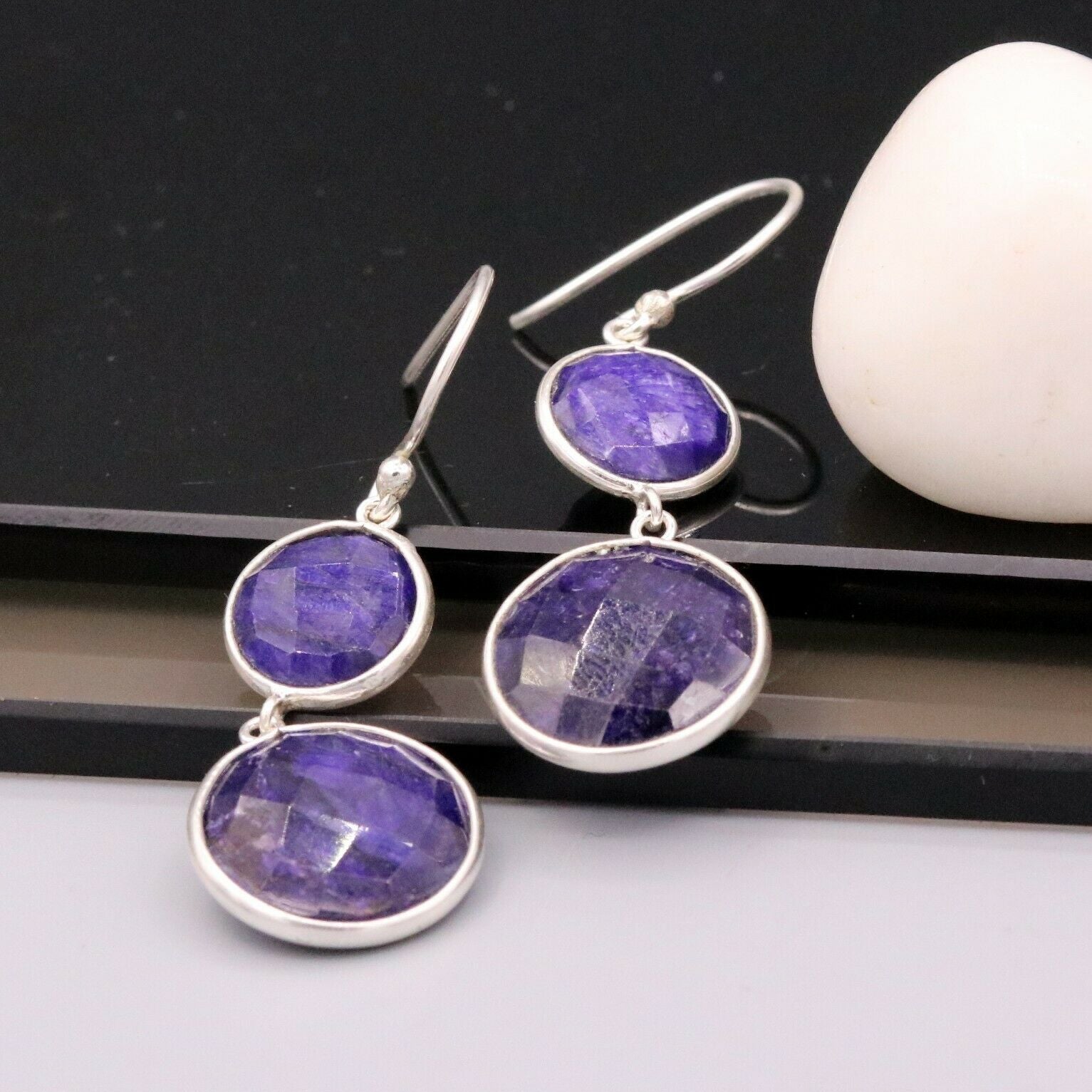 SIMULATED SAPPHIRE 925 SILVER DAILY USE SIMULATED SAPPHIRE HOOPS EARRINGS s163 - TRIBAL ORNAMENTS