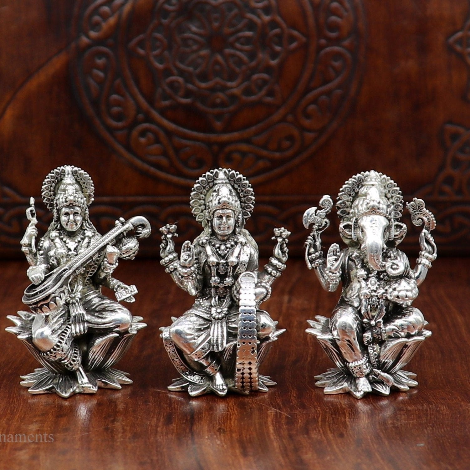 2" small 925 Sterling silver handmade customized Hindu idols Laxmi, Ganesha and Saraswati statue, puja article figurine, puja Article art126 - TRIBAL ORNAMENTS
