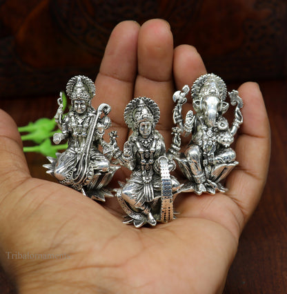 Small 2-inch 925 Sterling silver Hindu idols of Ganesha, Laxmi, and Saraswati, handcrafted puja figurines by Tribal Ornaments.