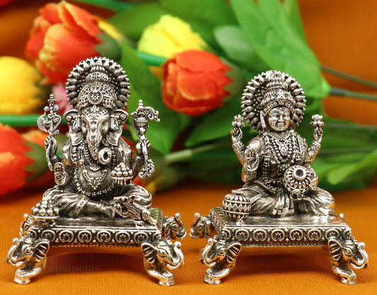 925 Sterling silver handmade customized Hindu idols Laxmi and Ganesha statue, puja article figurine, home décor Diwali puja gift art226 - TRIBAL ORNAMENTS