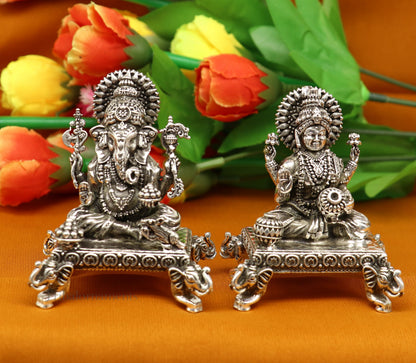 925 Sterling silver handmade customized Hindu idols Laxmi and Ganesha statue, puja article figurine, home décor Diwali puja gift art226 - TRIBAL ORNAMENTS