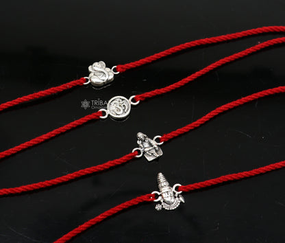 Handmade 925 sterling silver Ganesha, Sai Baba, and Tirupati idols thread rakhi bracelet by Tribal Ornaments.
