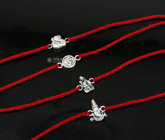 Handmade 925 sterling silver Ganesha, Sai Baba, and Tirupati idols thread rakhi bracelet by Tribal Ornaments.