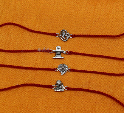 Handmade 925 sterling silver Ganesha, Shiva Lingam, Sai Baba idols thread rakhi bracelet by TRIBAL ORNAMENTS.