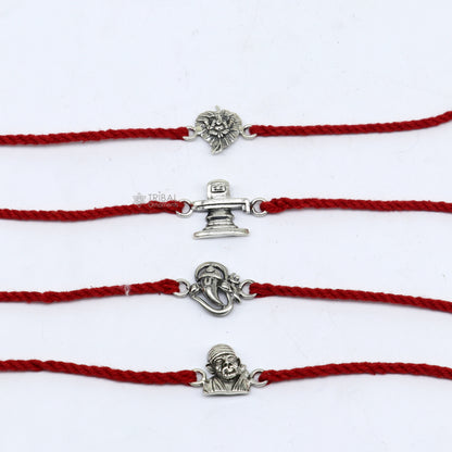 Handmade 925 sterling silver Ganesha, Shiva Lingam, Sai Baba idols thread rakhi bracelet by Tribal Ornaments.