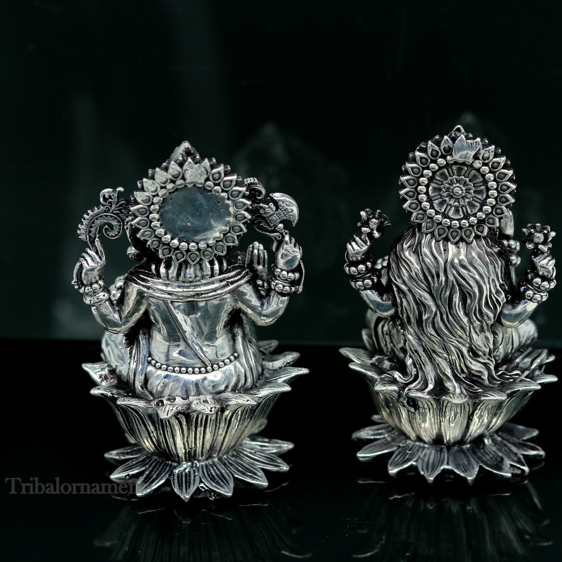 3.3" small 925 Sterling silver handmade customized Hindu idol Laxmi and Ganesha statue, puja article figurine, home décor Diwali puja art379 - TRIBAL ORNAMENTS