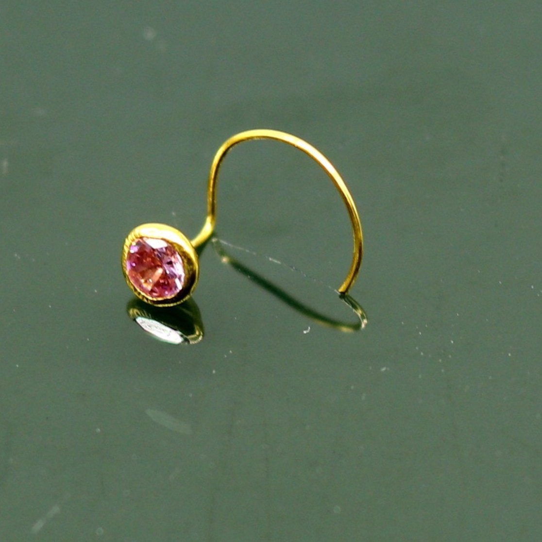 3.5mm tiny single pink stone 18kt  yellow gold handmade nose pin, excellent L band nose plug, nose wire, cartilage jewelry for girl's gnp34 - TRIBAL ORNAMENTS