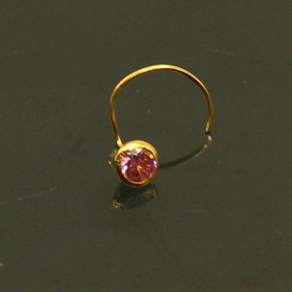 Tribal Ornaments 3.5mm tiny single green stone nose pin in 18kt yellow gold, handmade nose wire for cartilage jewelry.