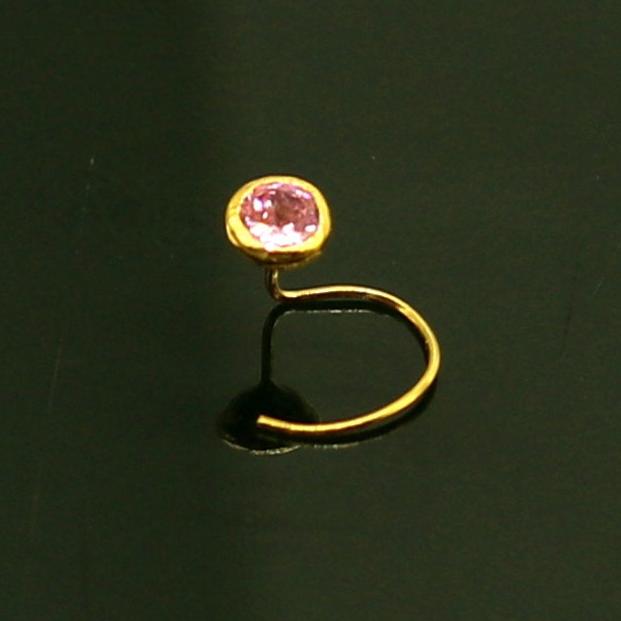3.5mm tiny single pink stone 18kt  yellow gold handmade nose pin, excellent L band nose plug, nose wire, cartilage jewelry for girl's gnp34 - TRIBAL ORNAMENTS