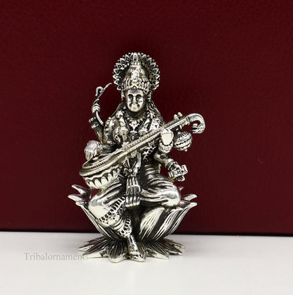 2" small 925 Sterling silver handmade customized Hindu idol Saraswati  sharda maa statue, puja article figurine, home décor Articles art121 - TRIBAL ORNAMENTS