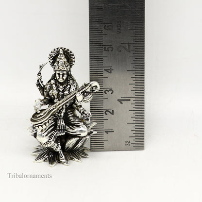 2" small 925 Sterling silver handmade customized Hindu idol Saraswati  sharda maa statue, puja article figurine, home décor Articles art121 - TRIBAL ORNAMENTS