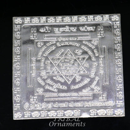Handmade 925 sterling silver idol of Shree Kubera Yantram, a sacred divine yantram for wealth and prosperity, used in puja rituals.