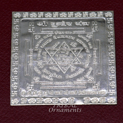 Handmade 925 silver idol of Shree Kubera Yantram for wealth and prosperity, used as a divine puja article.