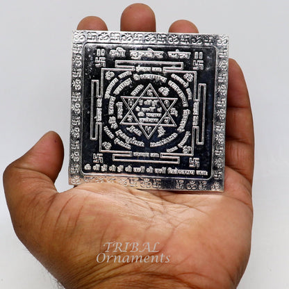 Handmade 925 sterling silver Shree Kubera Yantram idol for wealth and prosperity, used in puja and divine rituals.