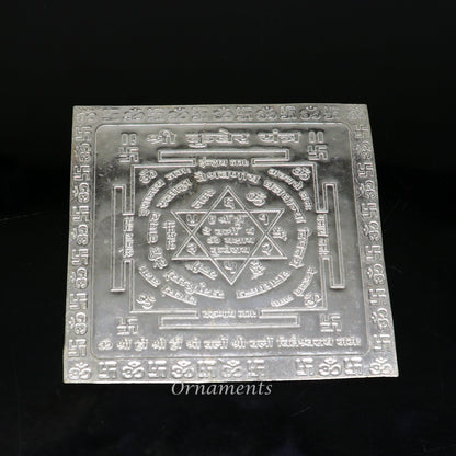 Handmade 925 sterling silver idol of Shree Kubera Yantram for wealth and prosperity, used in divine puja rituals.