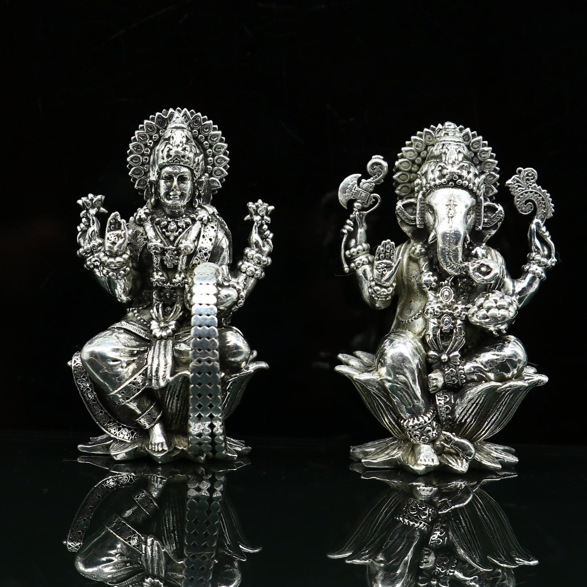 2" 925 Sterling silver handmade customized Hindu idols Lakshmi and Ganesha statue, puja article figurine, home décor Diwali puja art2122 - TRIBAL ORNAMENTS