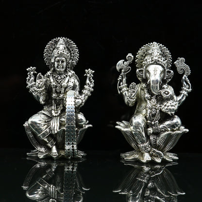 2" 925 Sterling silver handmade customized Hindu idols Lakshmi and Ganesha statue, puja article figurine, home décor Diwali puja art2122 - TRIBAL ORNAMENTS