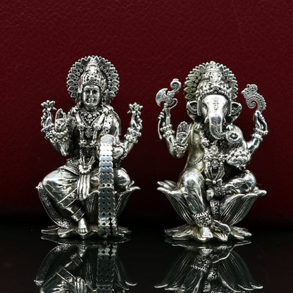 2" 925 Sterling silver handmade customized Hindu idols Lakshmi and Ganesha statue, puja article figurine, home décor Diwali puja art2122 - TRIBAL ORNAMENTS
