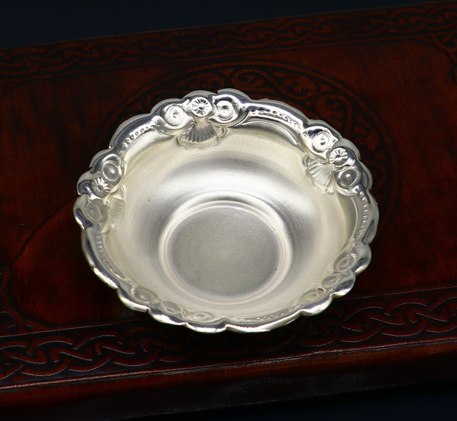 Handcrafted 999 fine silver lightweight bowl from TRIBAL ORNAMENTS, ideal for puja utensils and silver vessel baby set SV206.