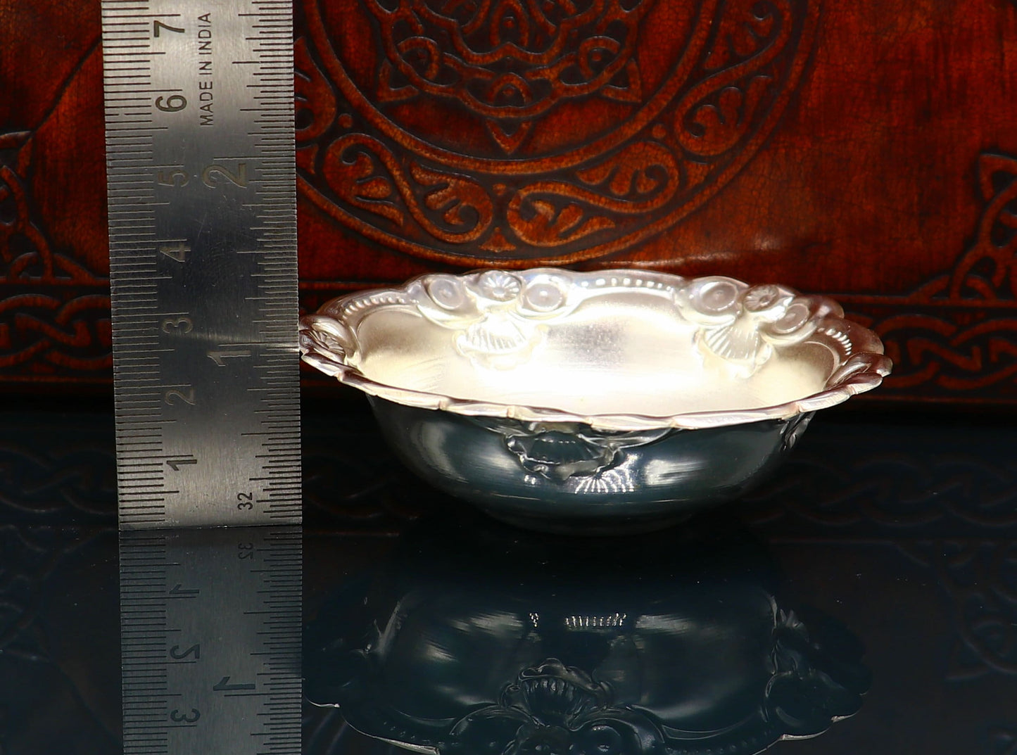 Handcrafted 999 fine silver bowl from Tribal Ornaments, lightweight puja utensil with intricate silver craftsmanship.