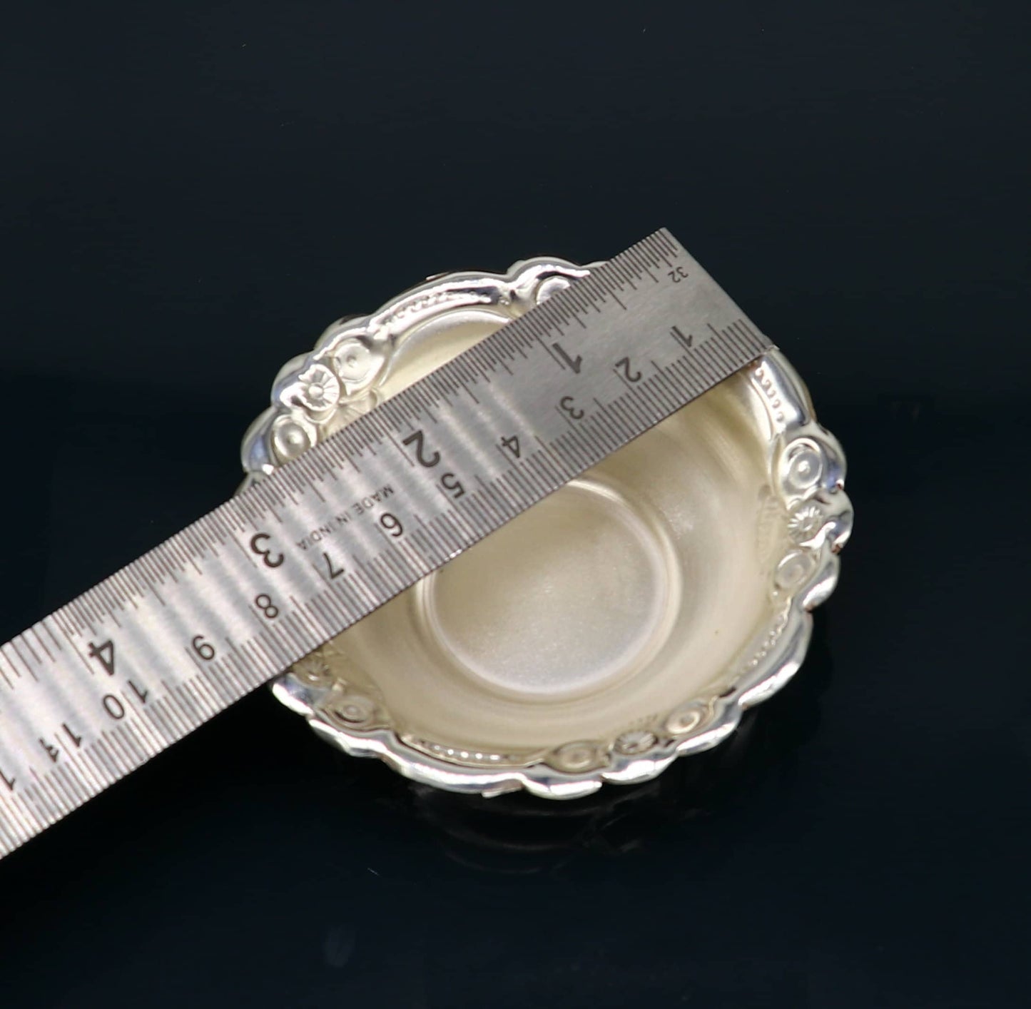 Handcrafted 999 fine silver lightweight bowl from TRIBAL ORNAMENTS, used as puja utensil or silver vessel for rituals.