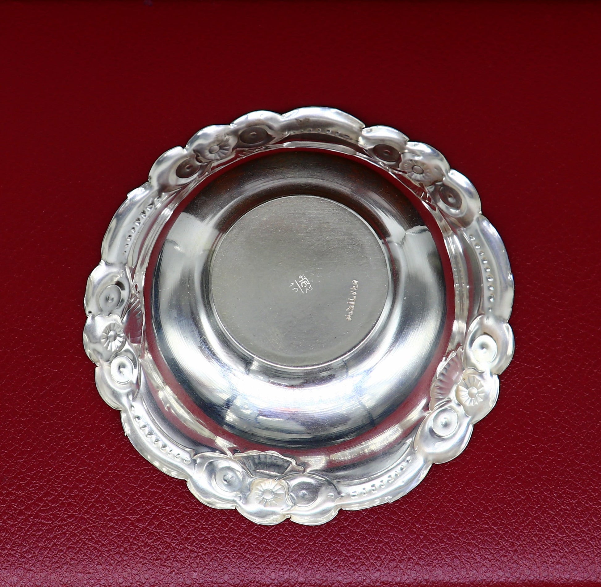 Handcrafted lightweight 999 fine silver bowl from Tribal Ornaments, ideal for puja utensils and silver vessel baby set SV206.