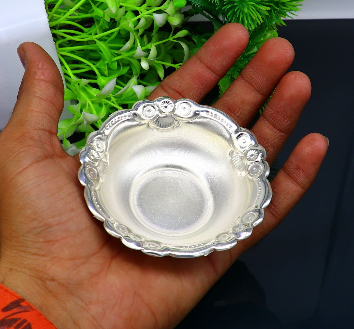 Handcrafted 999 fine silver lightweight bowl from TRIBAL ORNAMENTS, ideal for puja utensils and silver vessel baby set SV206.