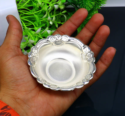 Handcrafted 999 fine silver lightweight bowl from TRIBAL ORNAMENTS, ideal for puja utensils and silver vessel baby set SV206.