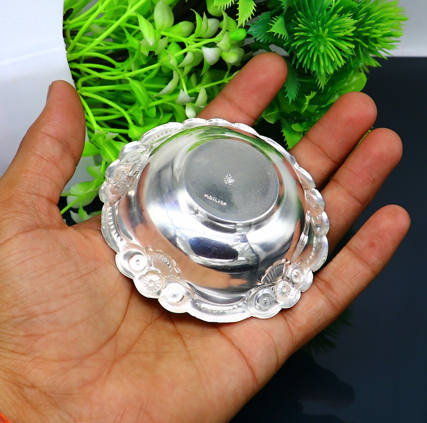 Handcrafted lightweight 999 fine silver bowl from TRIBAL ORNAMENTS, ideal as puja utensils or silver vessel for baby set.