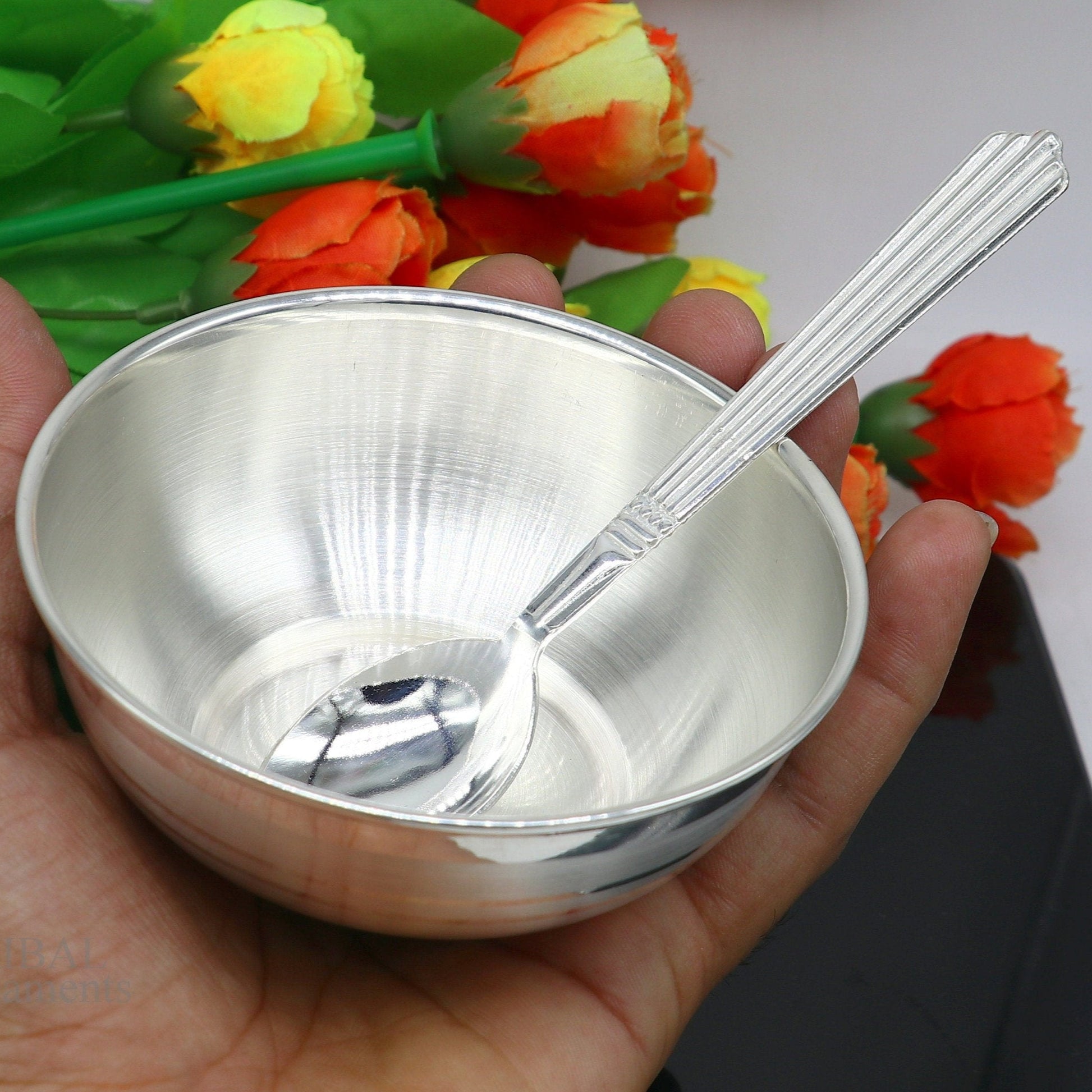 999 pure sterling silver handmade solid silver bowl and spoon, healthy serving bowl, silver vessels, baby serving utensils baby set sv261 - TRIBAL ORNAMENTS