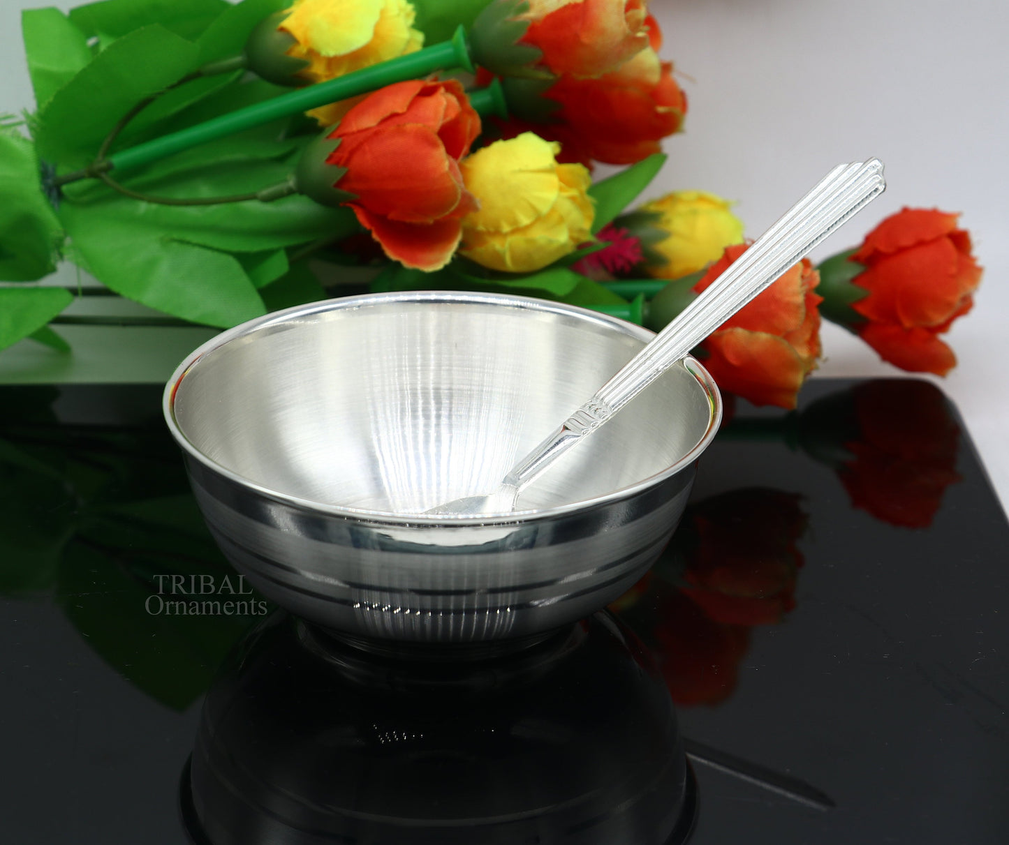 999 pure sterling silver handmade solid silver bowl and spoon, healthy serving bowl, silver vessels, baby serving utensils baby set sv261 - TRIBAL ORNAMENTS
