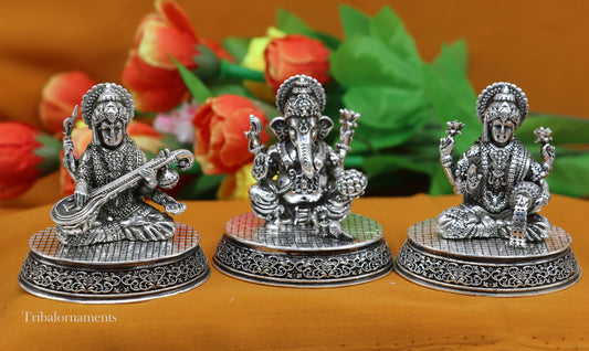 2.3" heights 925 Sterling silver handmade Hindu idols Laxmi, Ganesha and Saraswati statue, puja article figurine, best Diwali puja  art - TRIBAL ORNAMENTS