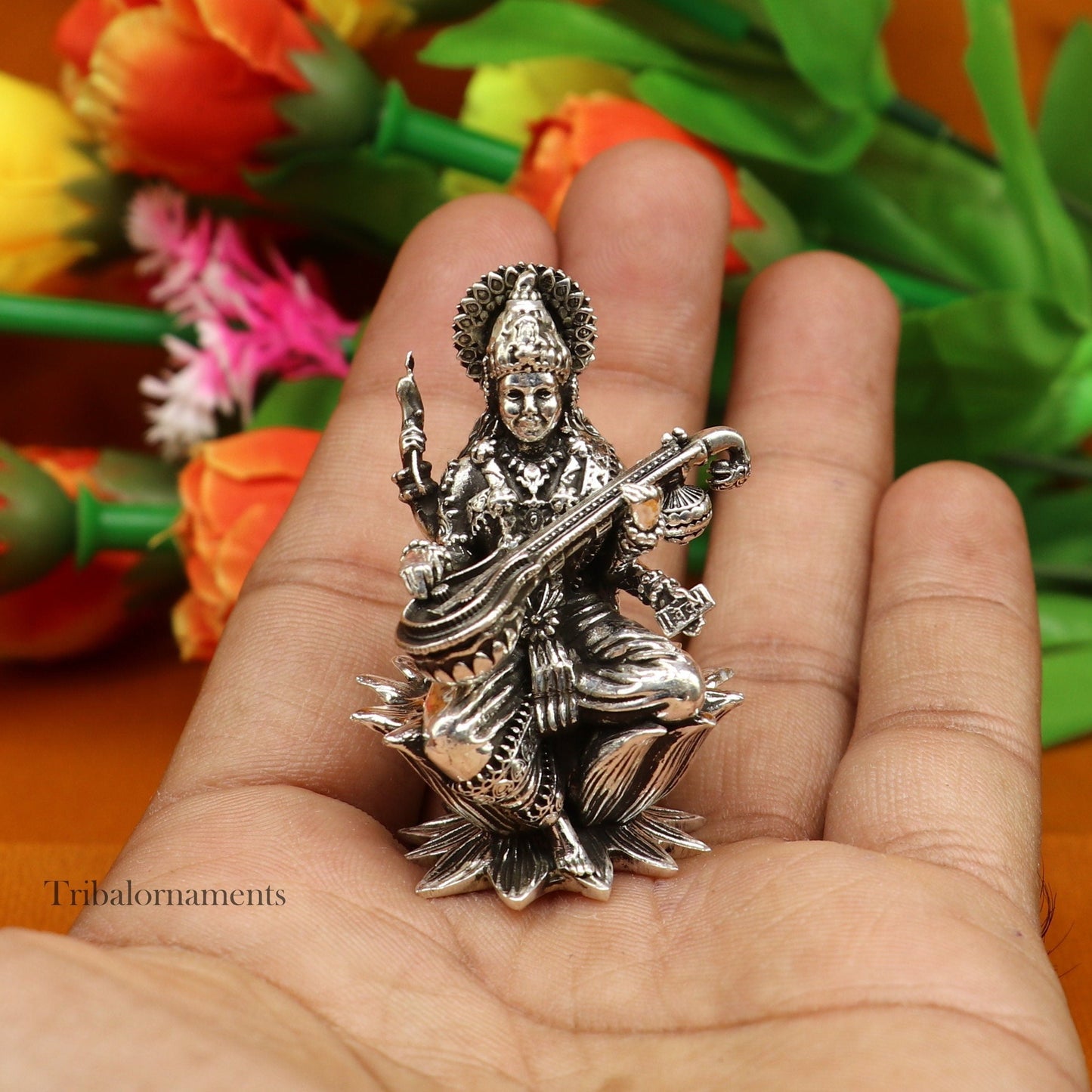 2." 925 Sterling silver handmade Hindu idols Laxmi, Ganesha and Saraswati statue, puja article figurine, best Diwali festival puja art55 - TRIBAL ORNAMENTS
