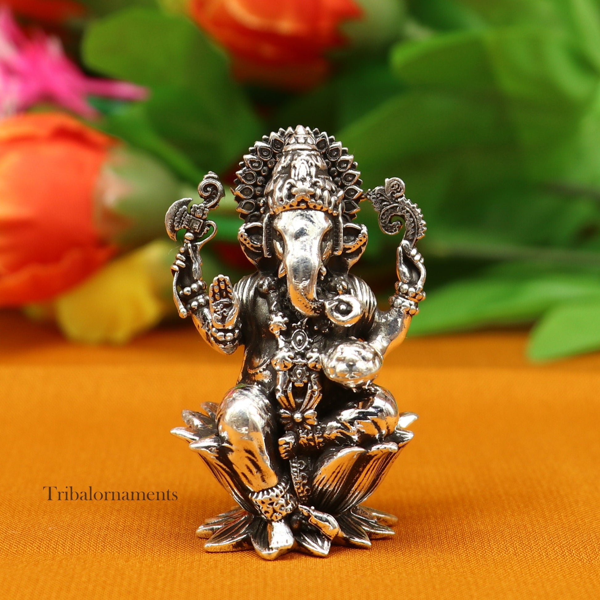 2." 925 Sterling silver handmade Hindu idols Laxmi, Ganesha and Saraswati statue, puja article figurine, best Diwali festival puja art55 - TRIBAL ORNAMENTS