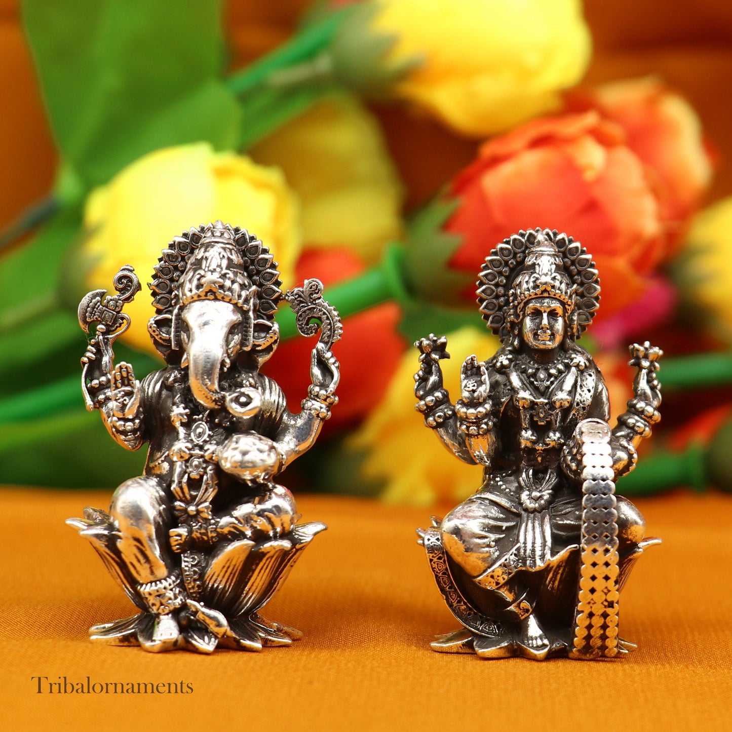 2." 925 Sterling silver handmade Hindu idols Laxmi, Ganesha and Saraswati statue, puja article figurine, best Diwali festival puja art55 - TRIBAL ORNAMENTS
