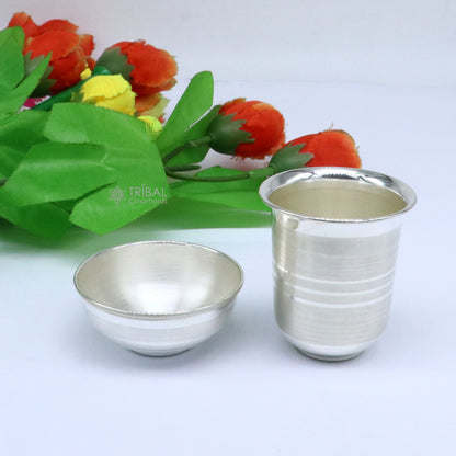 Tribal Ornaments 999 fine silver water milk glass, bowl, tumbler, and utensils set for Diwali and Puja ceremonies.