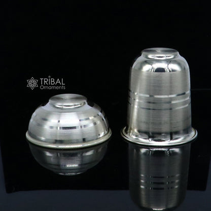 Tribal Ornaments 999 fine silver water milk glass, bowl, tumbler, and utensils set for Diwali Puja and ceremonial use.