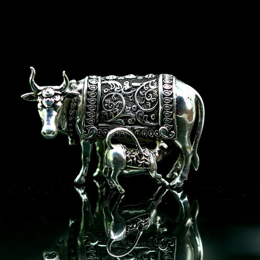925 Sterling silver handmade Idol Krishna Bal Gopal statue figurine, Makkhan Gopal sculpture with Kamdhenu cow, silver puja article su229 - TRIBAL ORNAMENTS