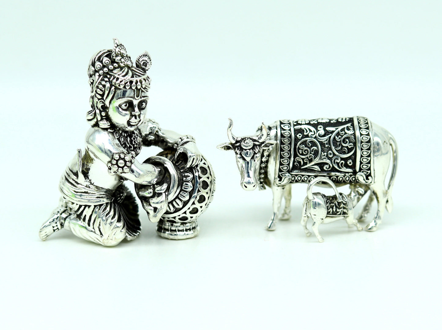 925 Sterling silver handmade Idol Krishna Bal Gopal statue figurine, Makkhan Gopal sculpture with Kamdhenu cow, silver puja article su229 - TRIBAL ORNAMENTS