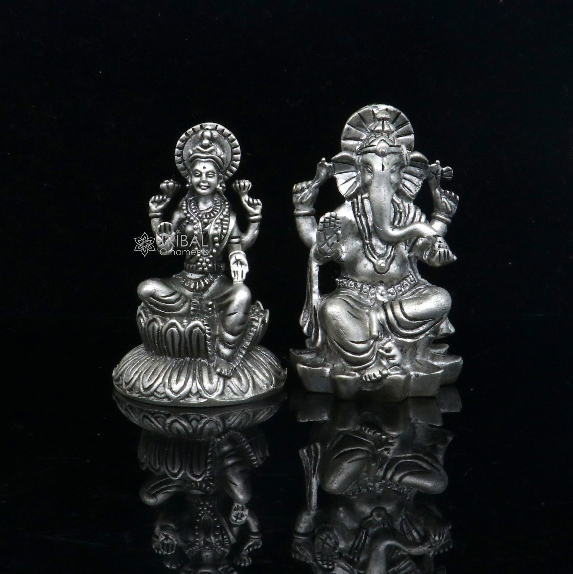 925 Sterling silver Lakshmi and Ganesha Kamlasan statue figurine, puja article Diwali puja brings joy, hope, and wealth to the owners art719 - TRIBAL ORNAMENTS