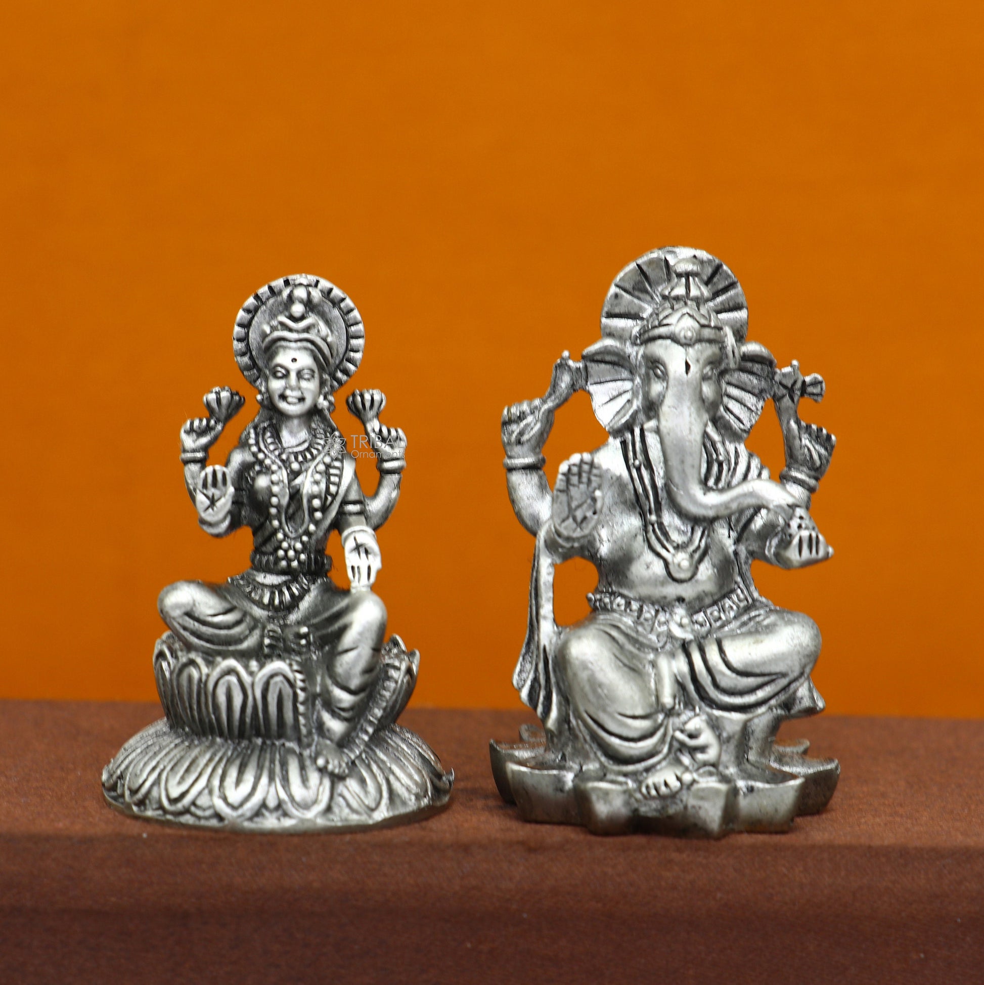 925 Sterling silver Lakshmi and Ganesha Kamlasan statue figurine, puja article Diwali puja brings joy, hope, and wealth to the owners art719 - TRIBAL ORNAMENTS