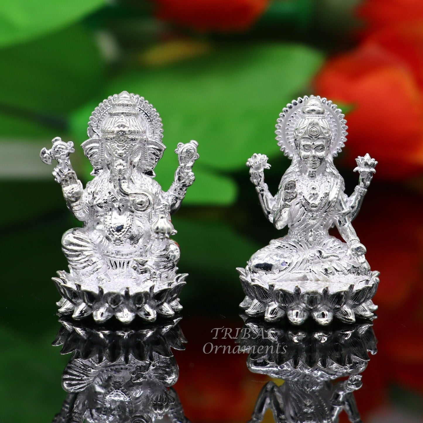 1.5" 925 Sterling silver handmade gorgeous Hindu idols Laxmi and Ganesha statue, puja article figurine, home décor Diwali puja gift art557 - TRIBAL ORNAMENTS