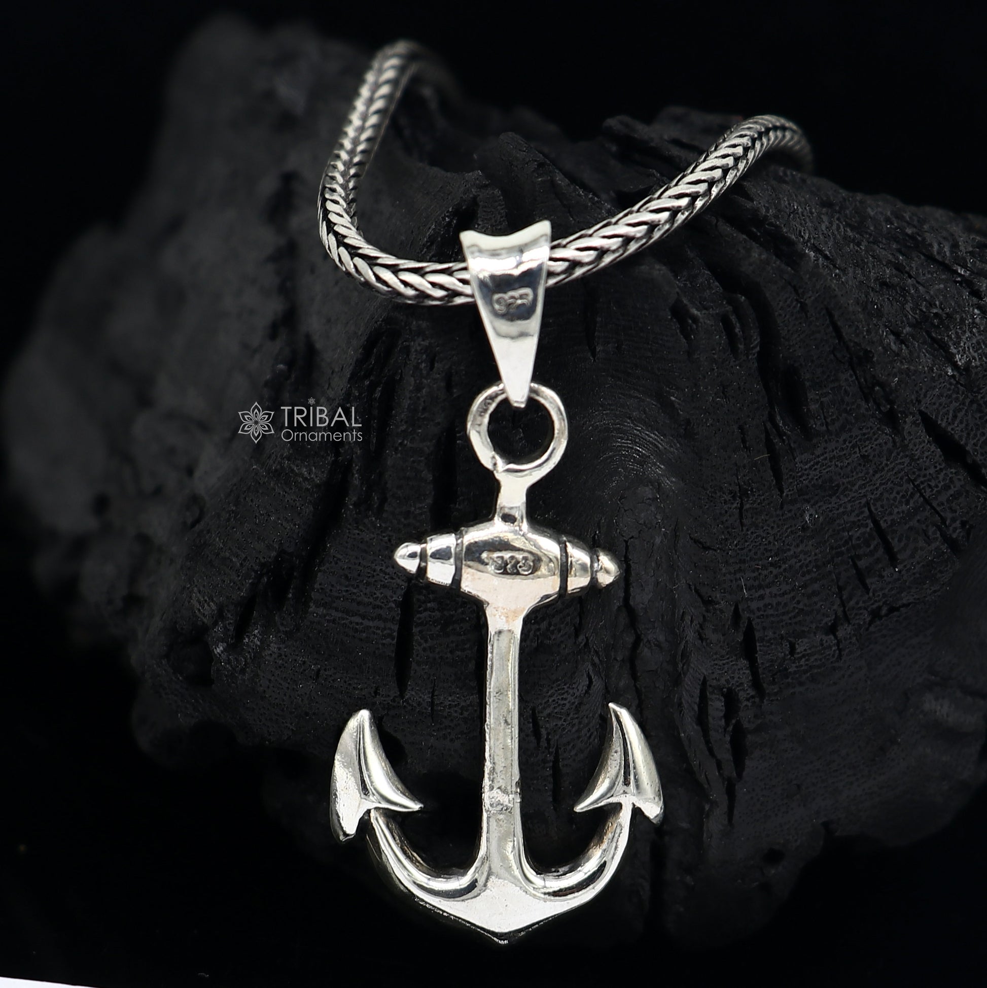 925 pure silver anchor pendant on wheat chain necklace, unisex locket jewelry, ideal for gifting by Tribal Ornaments.