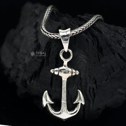 925 pure silver anchor pendant on wheat chain necklace, unisex locket jewelry, ideal for gifting by Tribal Ornaments.