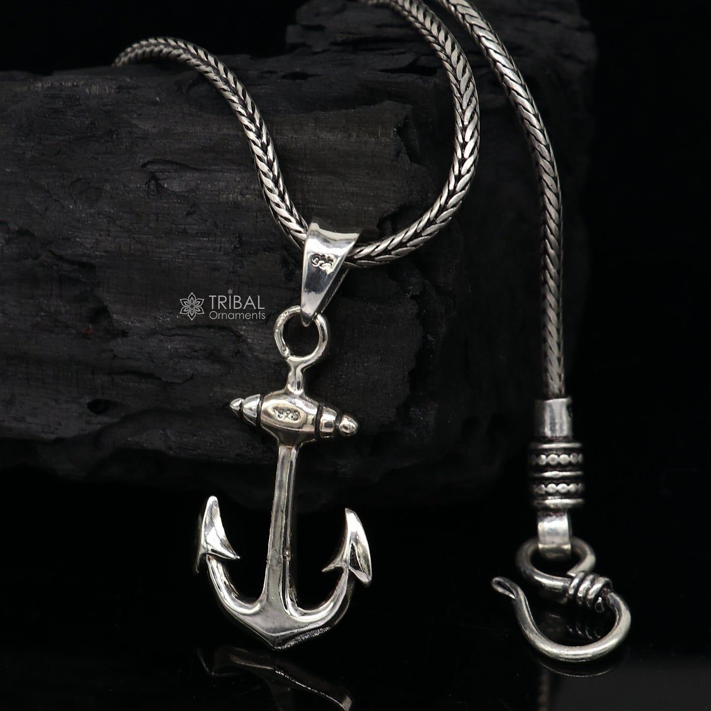 925 pure silver anchor pendant with wheat chain necklace, unisex locket jewelry from Tribal Ornaments.