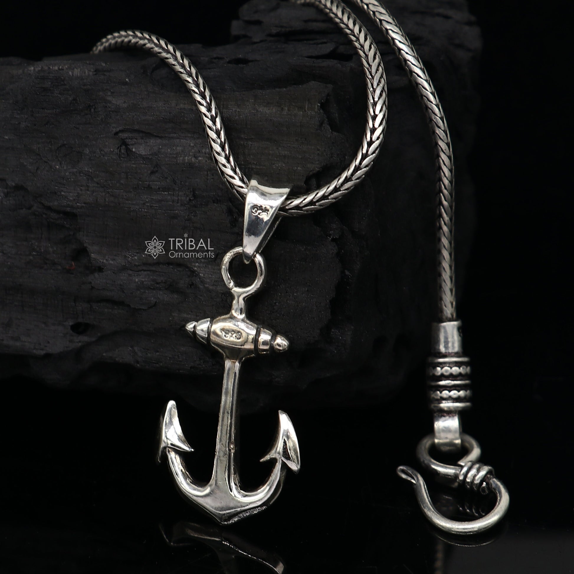 925 pure silver anchor pendant with wheat chain necklace, unisex locket jewelry from Tribal Ornaments.