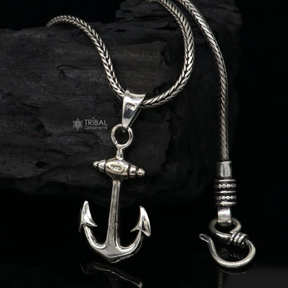 925 pure silver anchor pendant with wheat chain necklace, unisex locket jewelry from Tribal Ornaments.