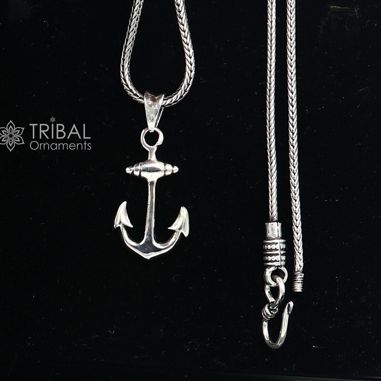 925 pure silver anchor pendant with wheat chain necklace, unisex locket jewelry by Tribal Ornaments, perfect for gifting.