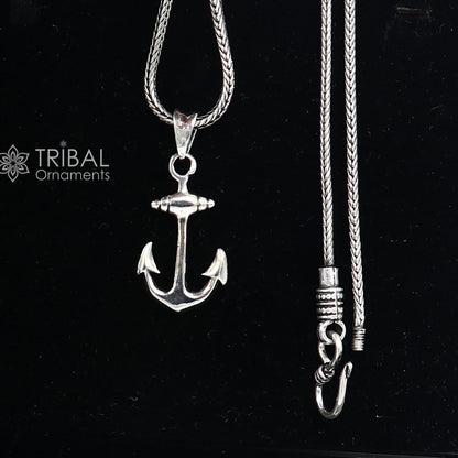 925 pure silver anchor pendant with wheat chain necklace, unisex locket jewelry by Tribal Ornaments, perfect for gifting.