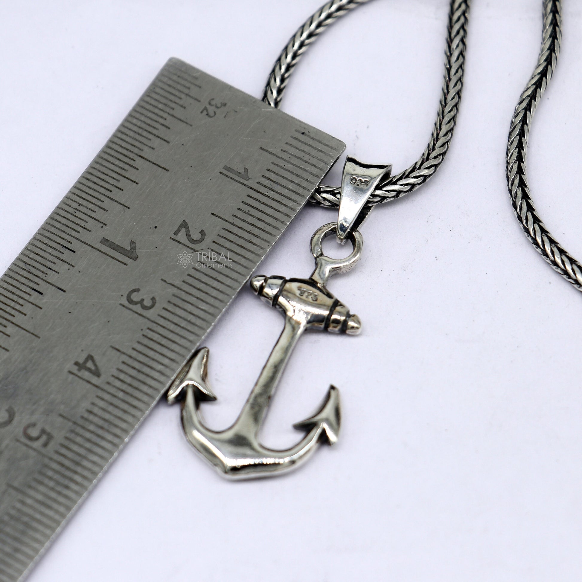 925 pure silver anchor pendant on wheat chain necklace, unisex locket jewelry, detailed tribal ornaments design.